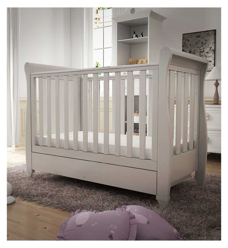Babymore Eva Sleigh Cot Bed Dropside Drawer White - British product