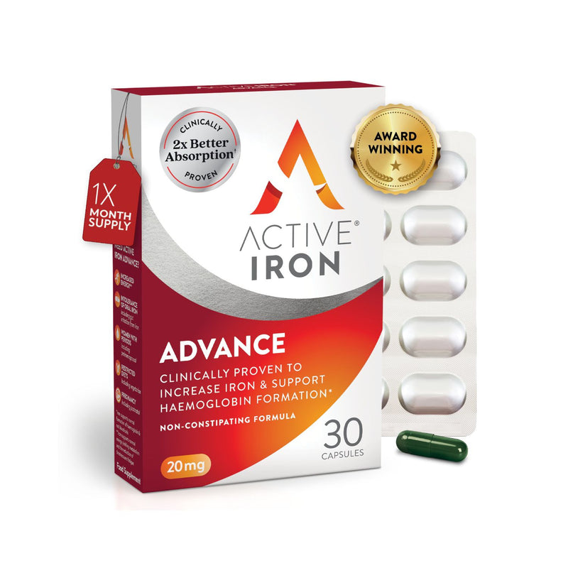Active Iron Advance 20mg iron supplement 30 capsules, imported from the UK