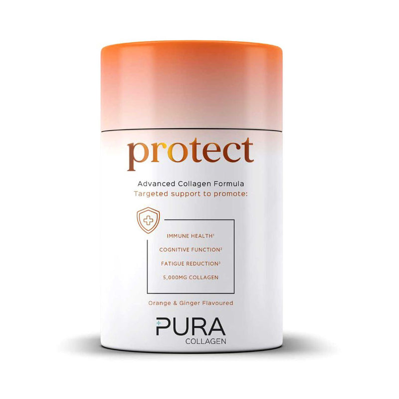 Pura Collagen Protect orange and ginger collagen powder, imported from the UK