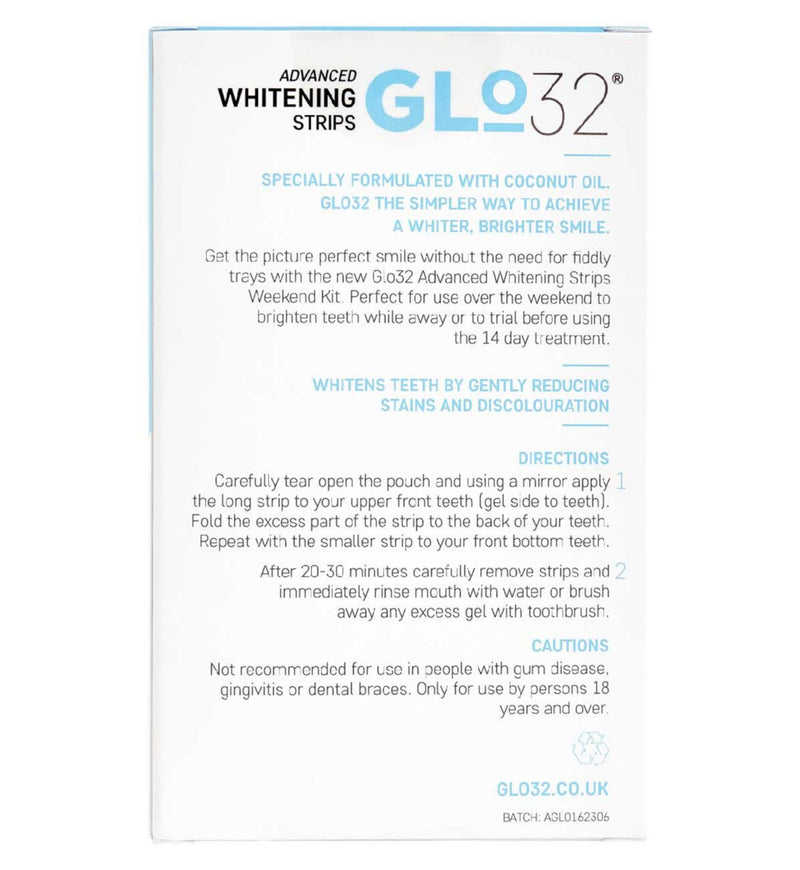 Glo32 Weekender Whitening Strips 8 strips, imported from the UK