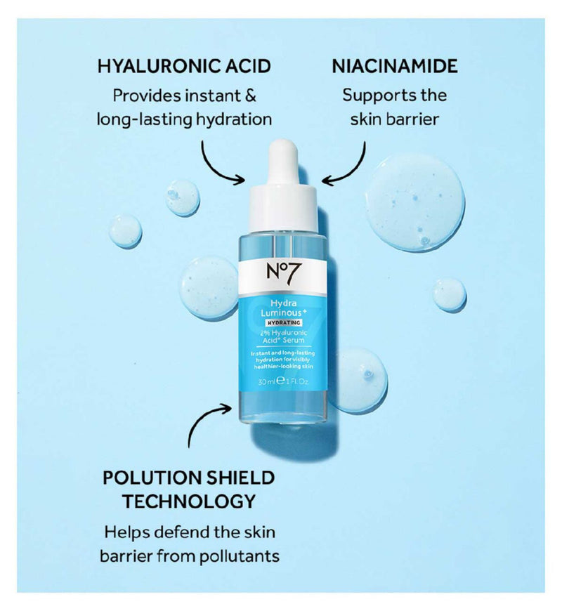 No7 HydraLuminous+ 2% Hyaluronic Acid Serum 30ml, imported from the UK