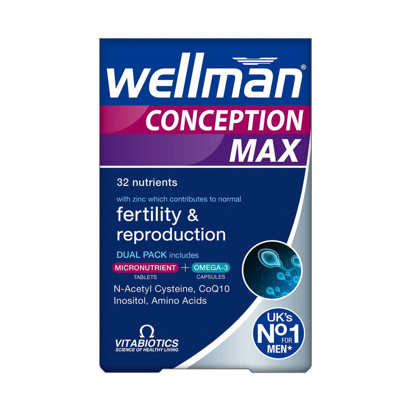 Vitabiotics Wellman Conception Max male fertility supplement 56 tablets and 28 capsules, imported from the UK