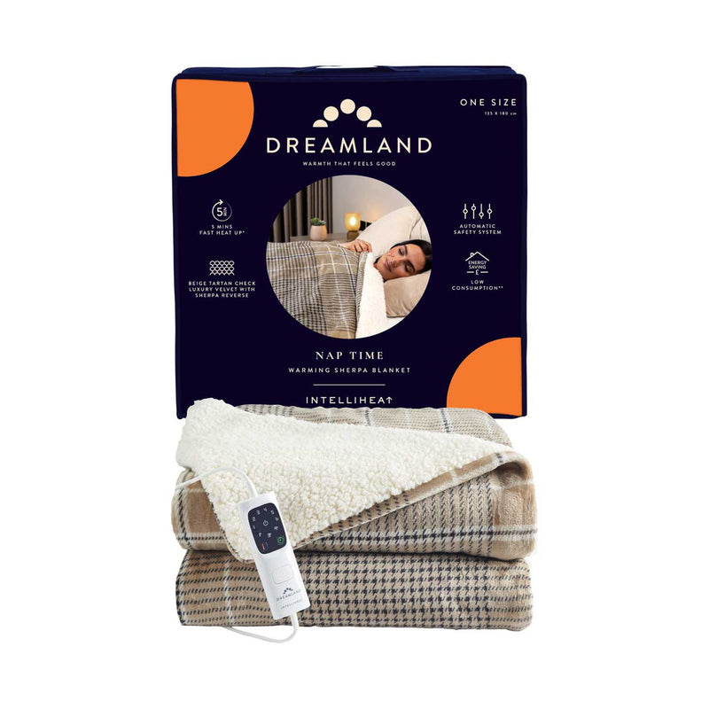 Dreamland Naptime Sherpa Blanket Beige Tartan 180x135cm - British product