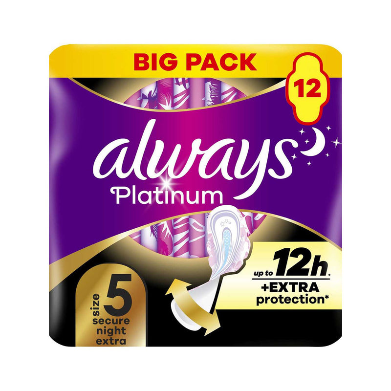 Always Platinum night sanitary towels heavy flow 12 pads, imported from the UK