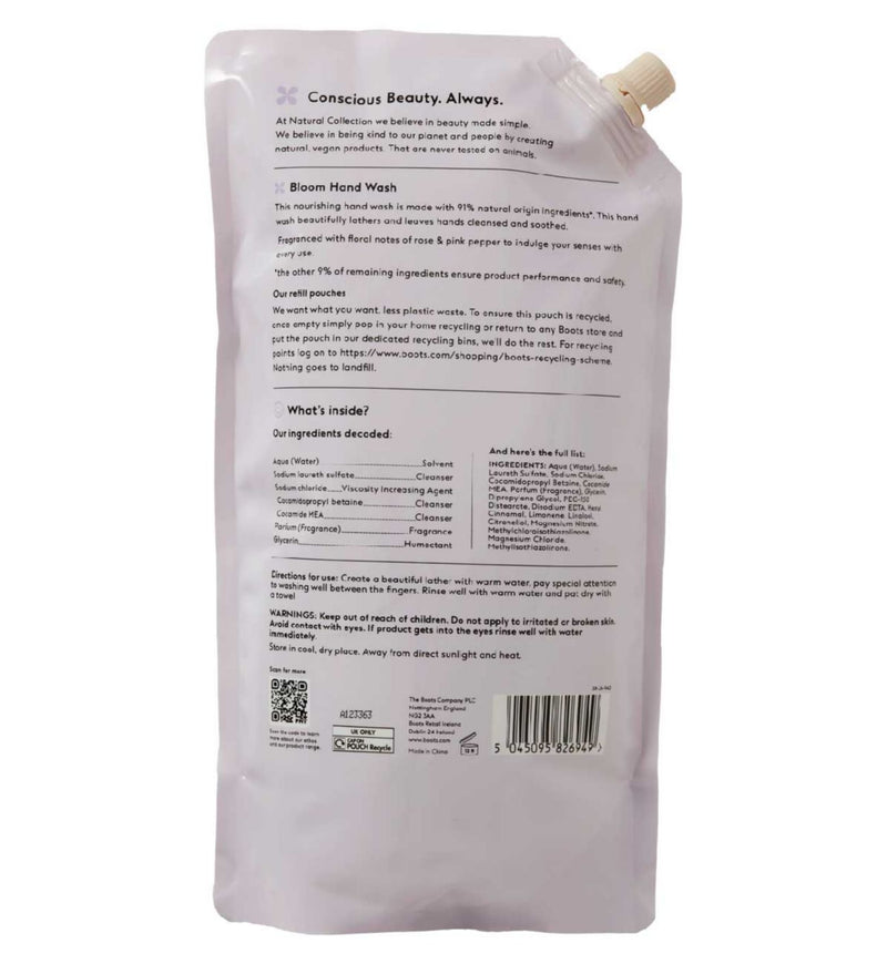 Natural Collection Handwash Bloom Rose & Pink Pepper Refill 1000ml, imported from the UK