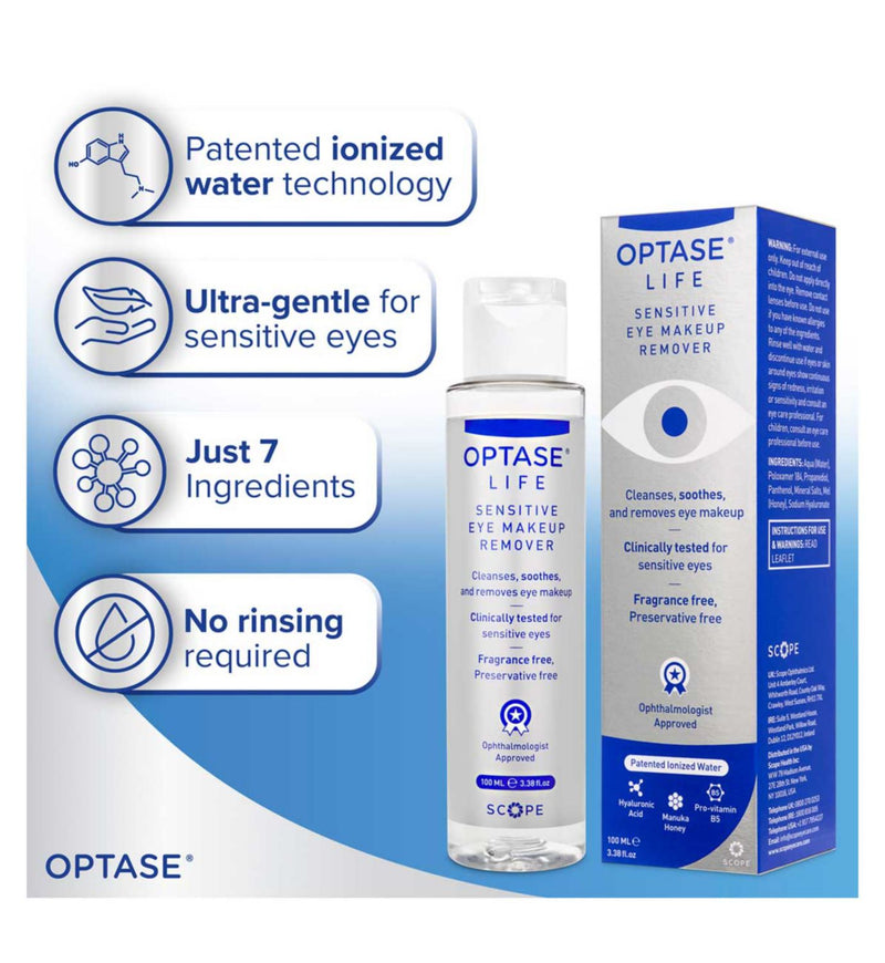 Optase Life Sensitive Eye Makeup Remover 100ml, imported from the UK
