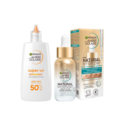 Boots Garnier Glow & Protect Duo: Natural Bronzer Self-Tan Drops (30ml) & Ambre Solaire Vitamin C Facial SPF50+ Fluid (40ml) Bundle- Buy online at McGrocer