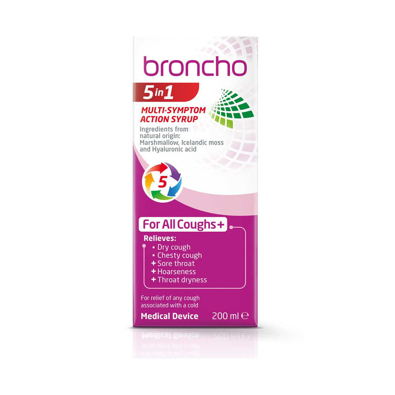 Broncho 5 in 1 multi-symptom cough syrup 200ml, imported from the UK