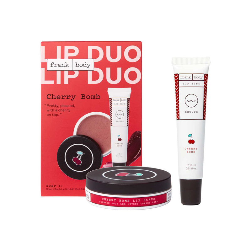 Frank Body Cherry Lip Duo sugar scrub and tint, UK version
