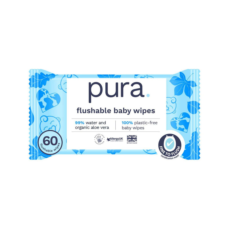 Pura plastic-free flushable baby wipes 60pk - British product