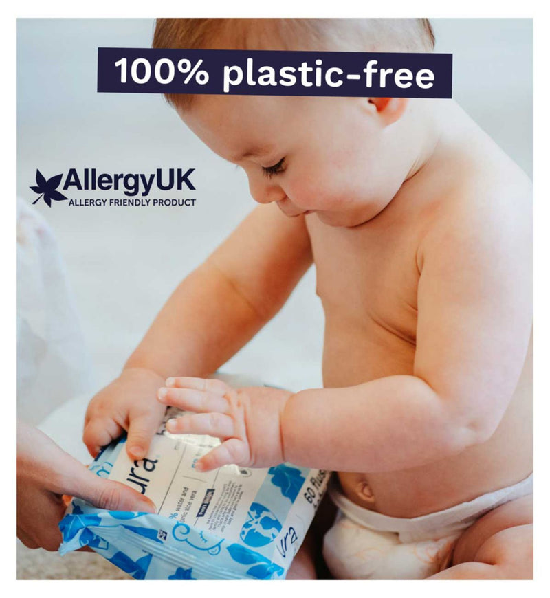Pura plastic-free flushable baby wipes 60pk - British product