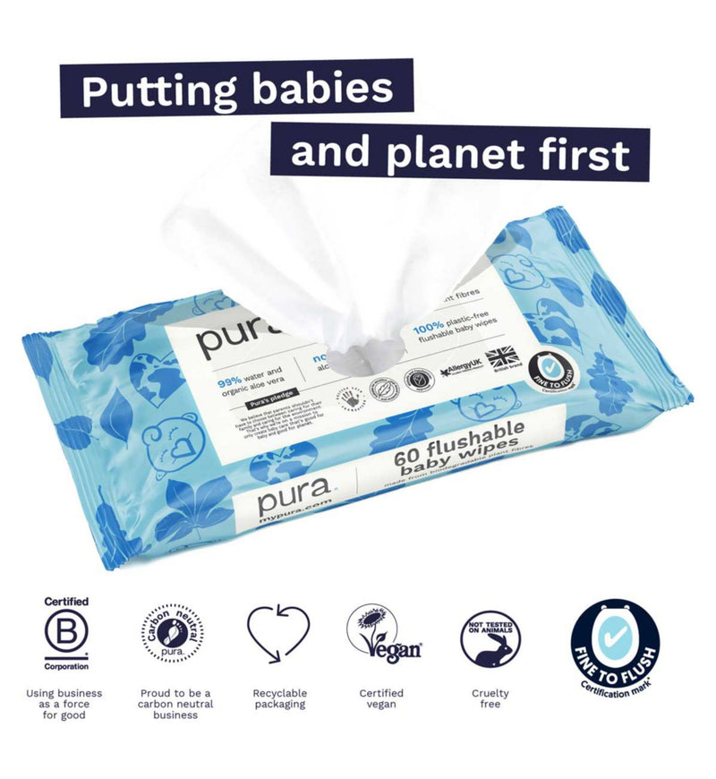 Pura plastic-free flushable baby wipes 60pk - British product