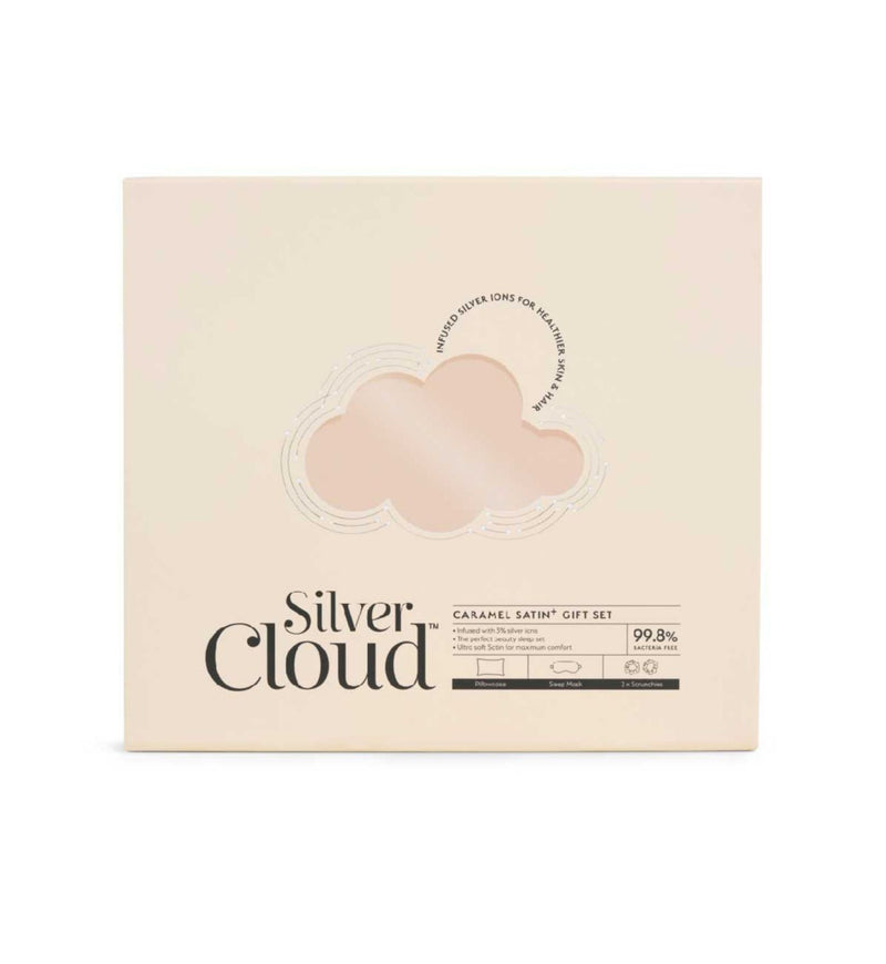 Silver Cloud caramel satin giftset with pillowcase, mask, and scrunchie (British brand)