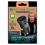 Cargador de coche Pure Planet de 36 W con puertos USB-A y USB-C.