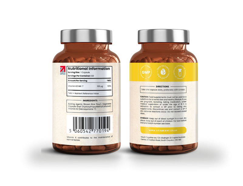 VitaBright Vitamin K2 MK7 supplement 100mcg 120 capsules, imported from the UK