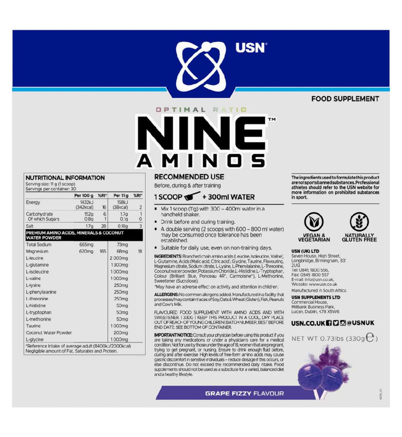 USN Nine Aminos Powder Grape Fizzy Pop 330g (British brand)