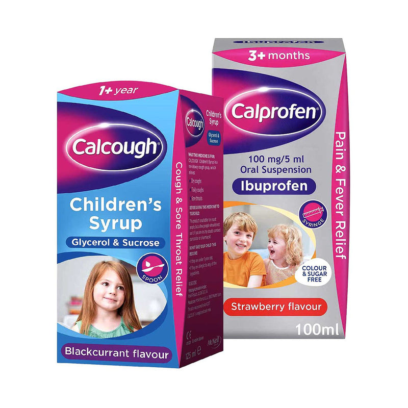 Calcough Calprofen bundle childrens medicine blackcurrant strawberry 225ml - British product