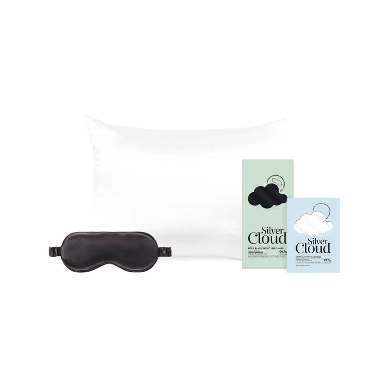 Silver Cloud satin sleep mask and pillowcase set (British brand)