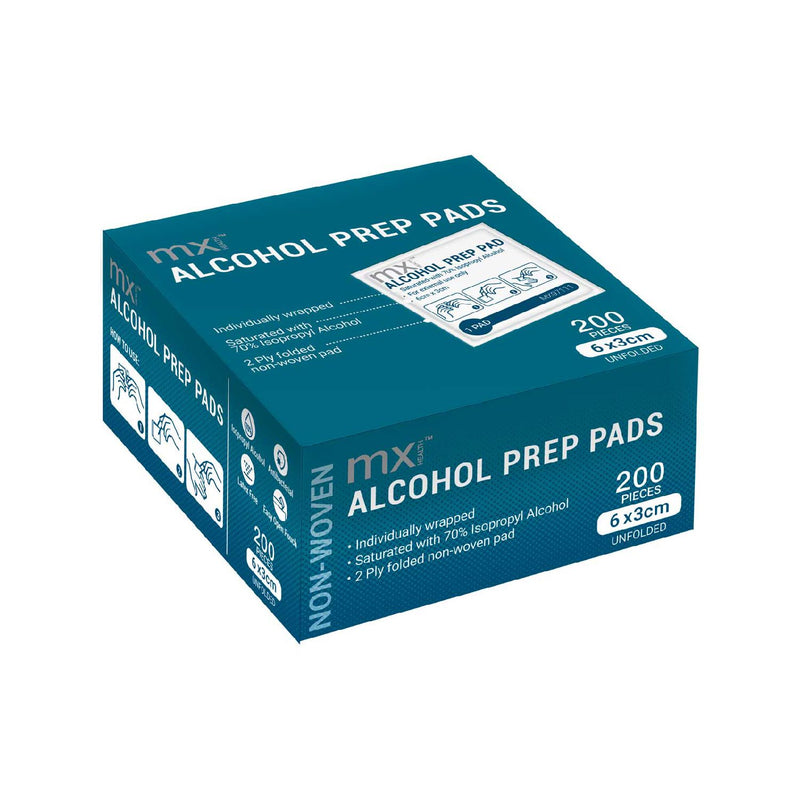 MX Health alcohol preparation pads 200 count, imported from the UK