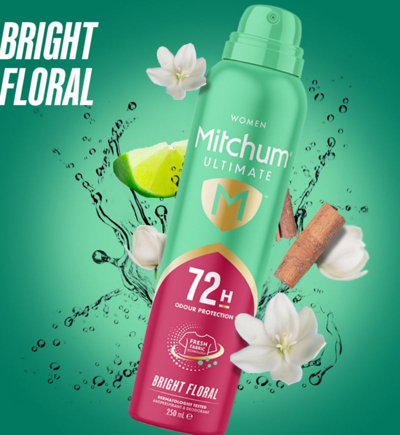 Mitchum Ultimate 72h Bright Floral Deodorant 250ml, imported from the UK