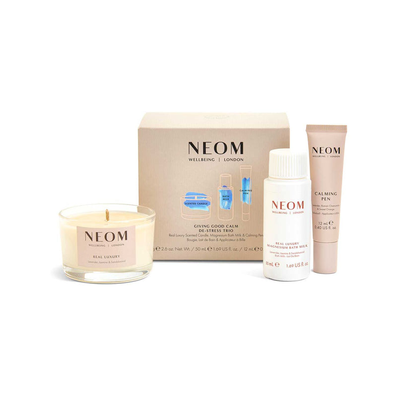 Neom de-stress trio candle bath milk calming pen (British brand)
