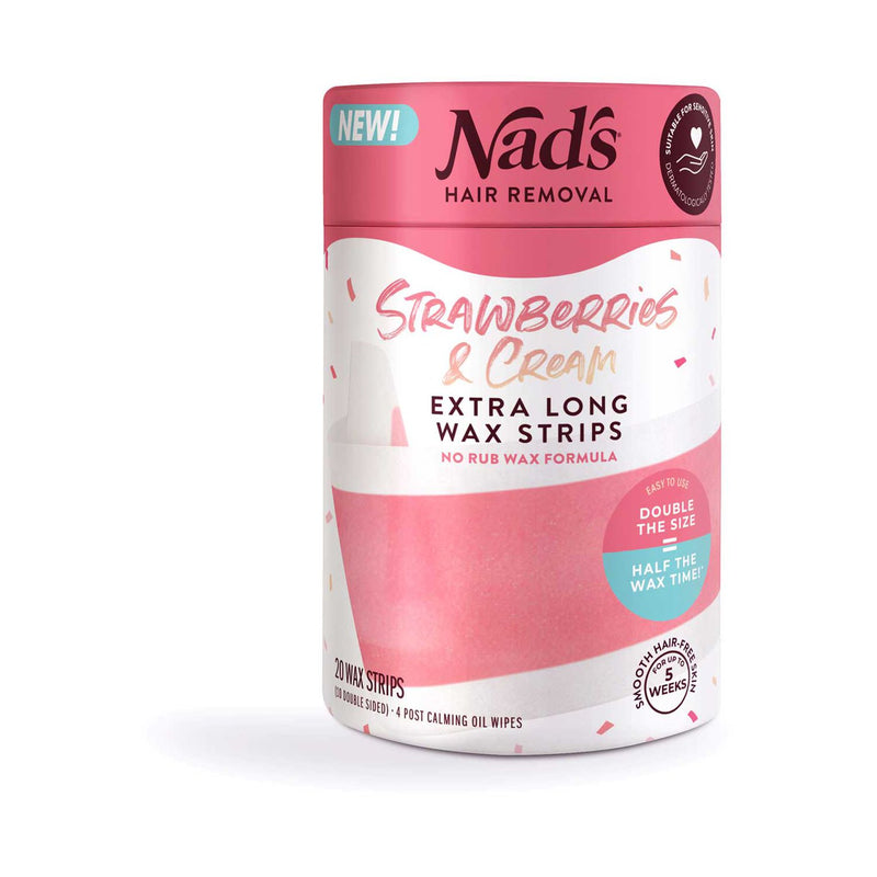 Nad's Strawberries & Cream extra long wax strips 20ct, imported from the UK