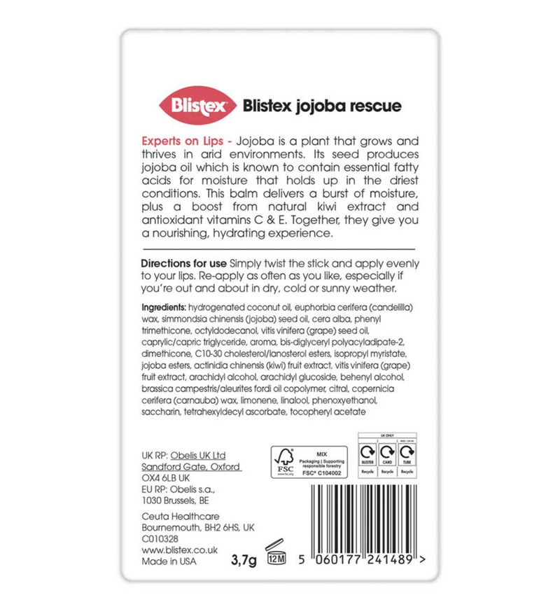 Blistex Jojoba Rescue lip balm 3.7g, imported from the UK