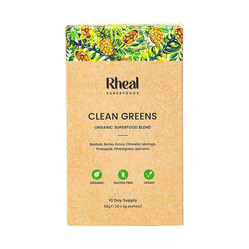 Rheal Superfoods Clean Greens organic powder sachets 5g 10s, imported from the UK