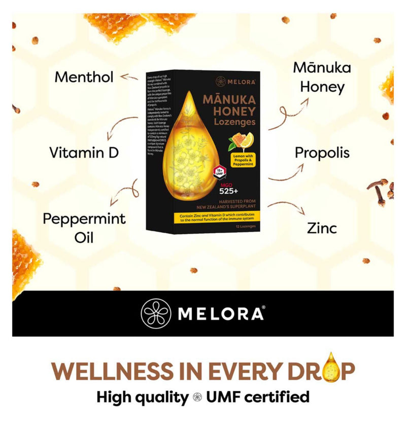 Melora Manuka Honey Lozenges Lemon Peppermint 12S, UK version
