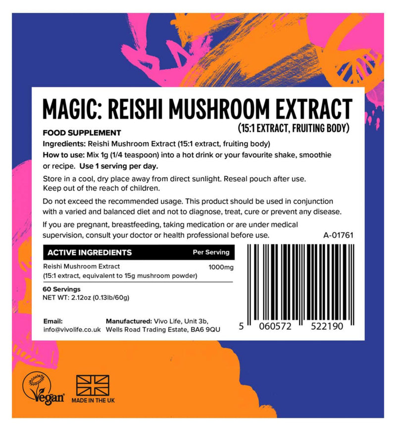 Vivo Life Reishi Mushroom Powder 15:1 Extract 60G, UK version