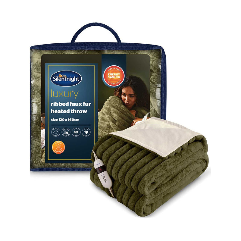 Silentnight luxury ribbed faux fur heated throw olive green, imported from the UK