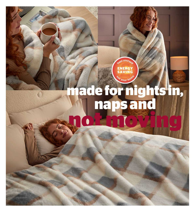 Silentnight Snugsie faux fur blanket natural check, imported from the UK
