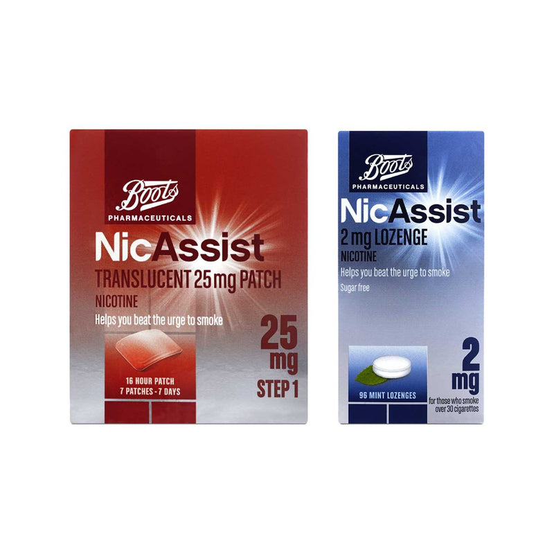 Boots NicAssist starter bundle 25mg patch 7s and 2mg lozenges 96 count - British product