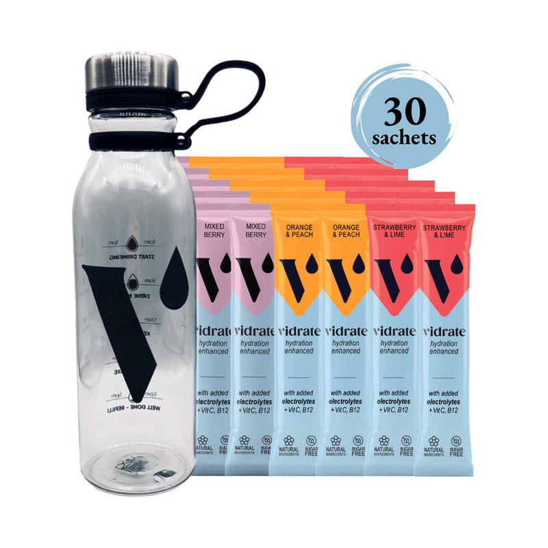 Vidrate electrolyte hydration starter pack with timer bottle, imported from the UK