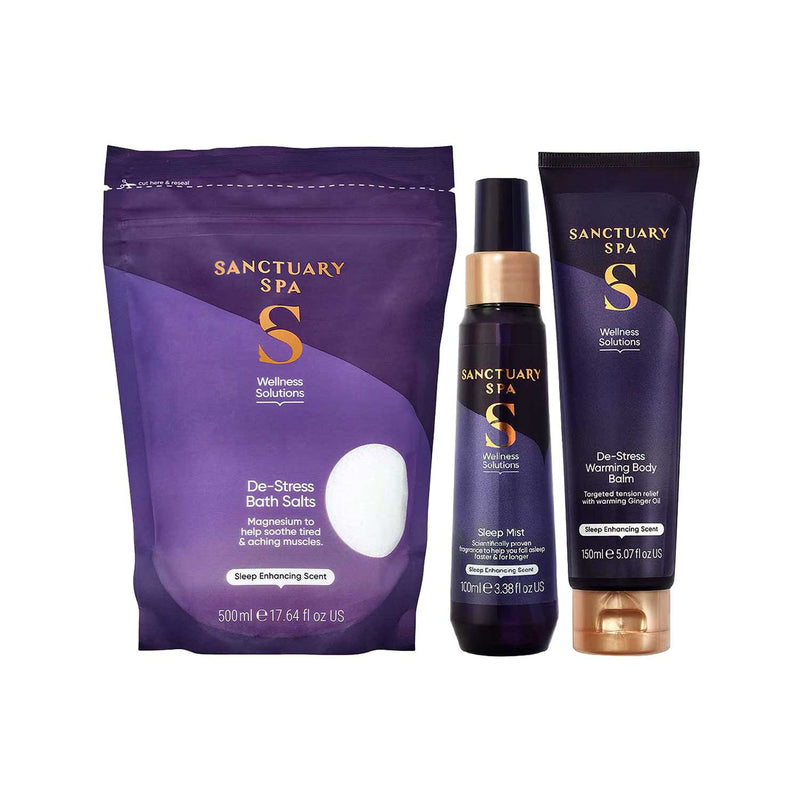 Sanctuary Spa wellness bundle with sleep mist bath salts and body balm, imported from the UK