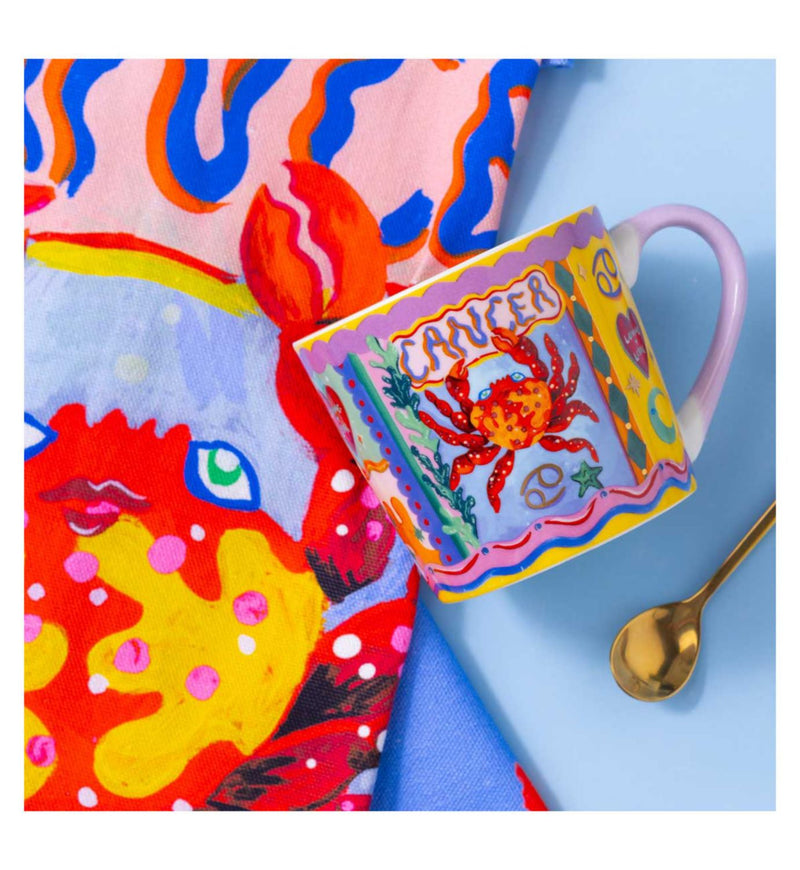Eleanor Bowmer Cancer zodiac mug and tea towel set, UK version
