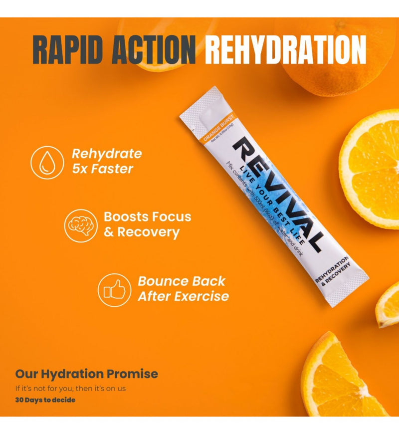 Revival Rapid Rehydration electrolyte powder sachet Orange Burst 6 pack - British product