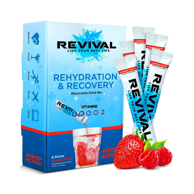 Revival electrolyte powder sachets Summer Fruits 6 pack, imported from the UK