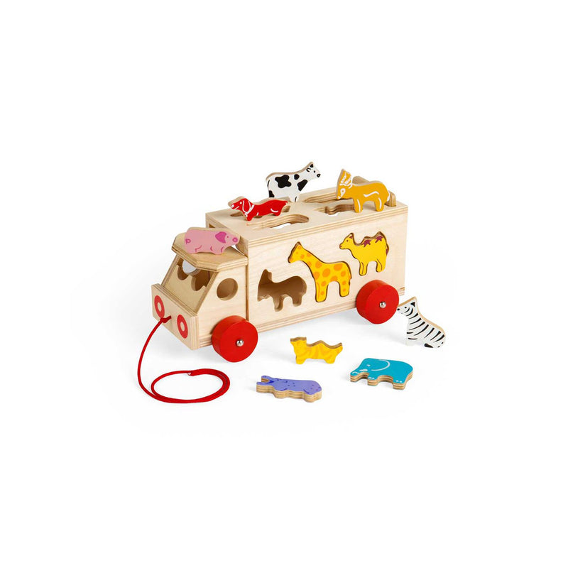 Bigjigs Toys wooden shape sorter lorry with 10 animal pieces (British brand)