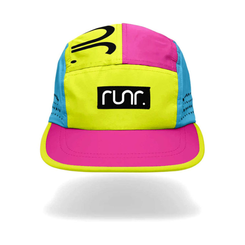 Runr Amsterdam Running Hat in vibrant yellow blue and pink (British brand)
