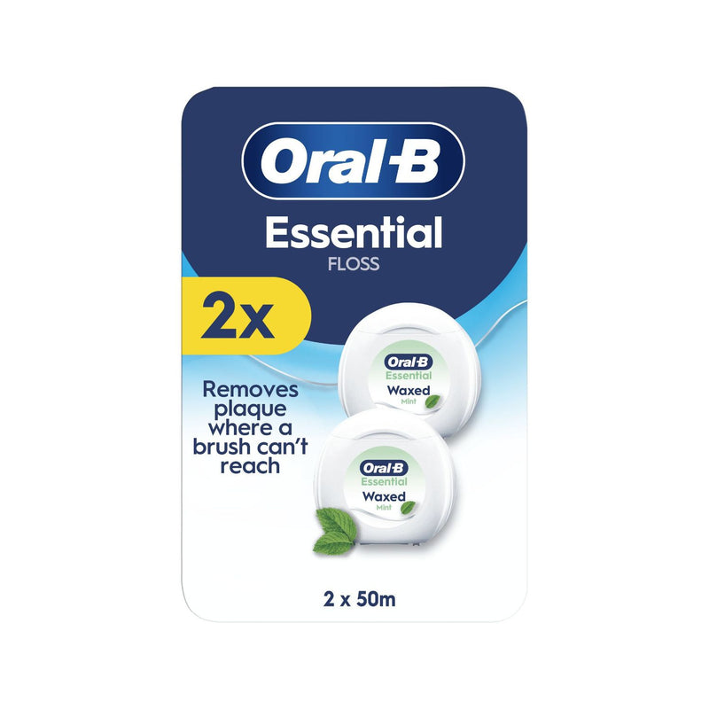 Oral-B Essential Floss waxed dental floss unflavoured 2x50m, imported from the UK