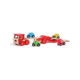 Bigjigs Toys transporter lorry with 4 wooden cars (British brand)