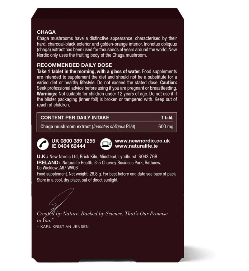 New Nordic Chaga mushroom supplement 30 tablets, imported from the UK
