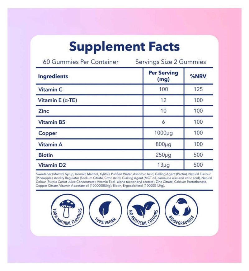 Moosh hair skin nails gummies tropical pineapple 60 count, imported from the UK