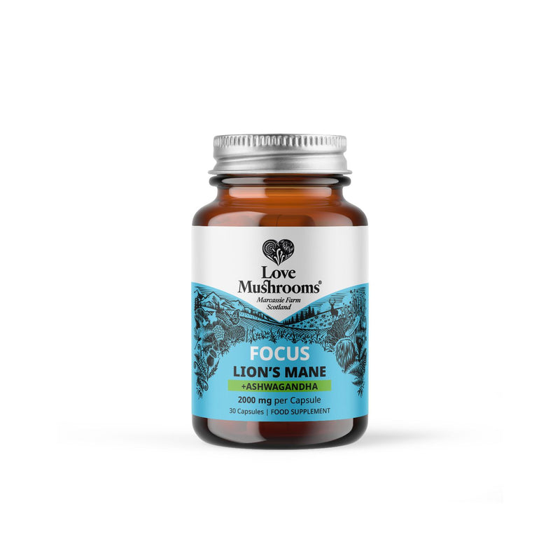 Love Mushrooms Focus Lions Mane Ashwagandha 30 capsules imported from the UK