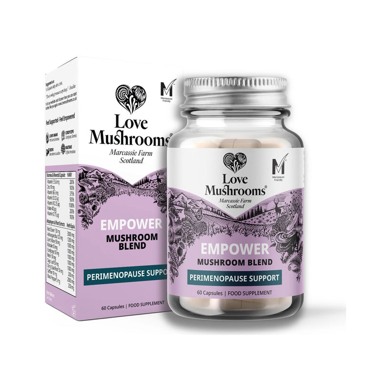 Love Mushrooms Perimenopause Support supplement 60 capsules, imported from the UK