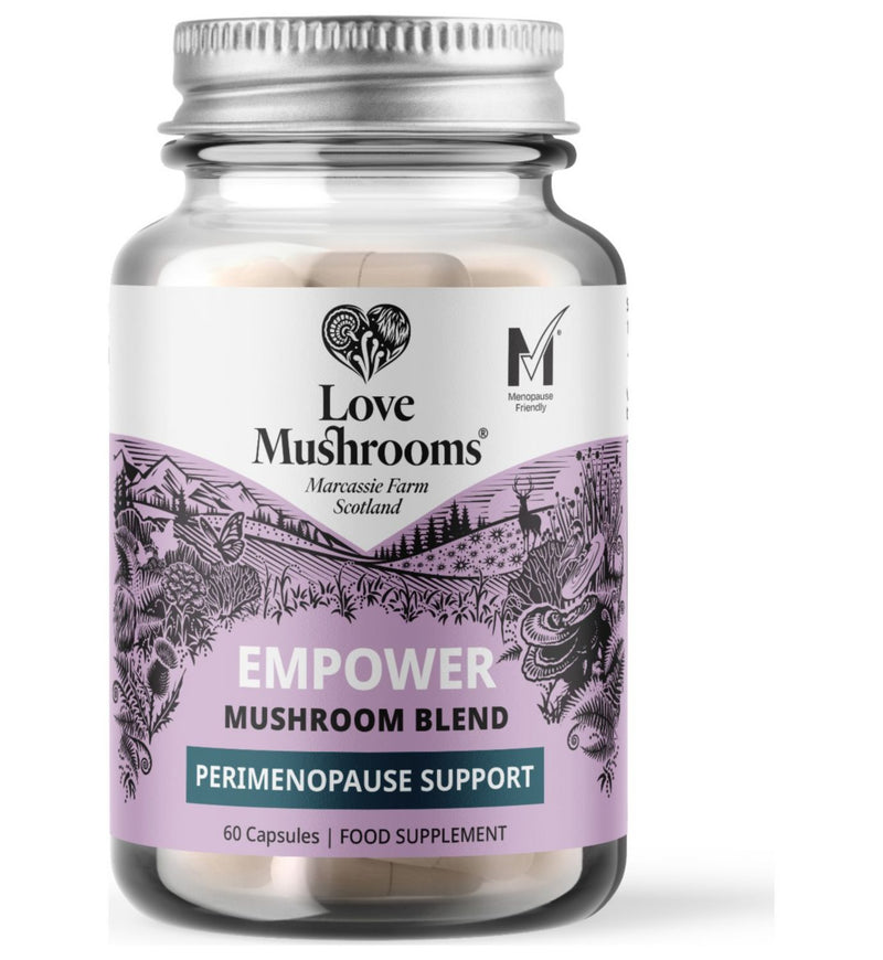 Love Mushrooms Perimenopause Support supplement 60 capsules, imported from the UK