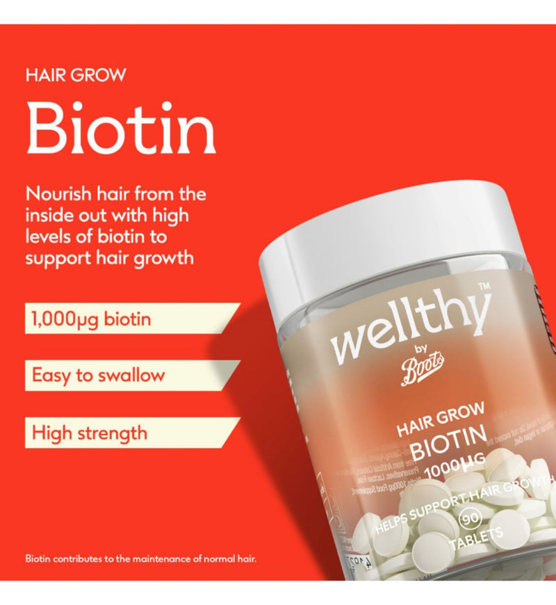 Wellthy Boots hair growth biotin supplement 1000µg 90 tablets (British brand)
