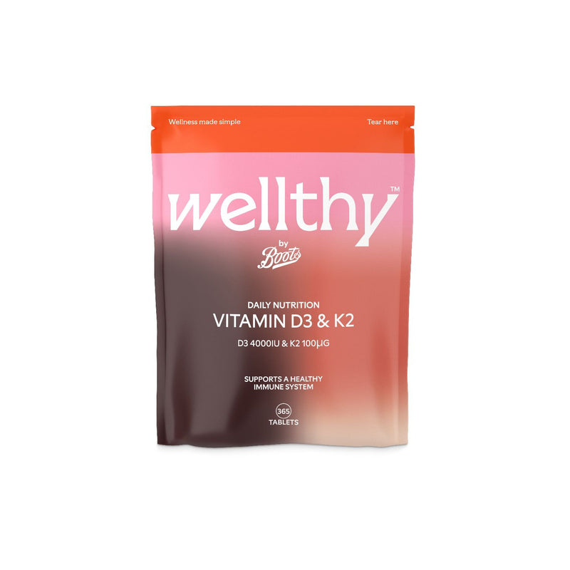 Wellthy by Boots vitamin D3 and K2 supplement 365 capsules, UK version