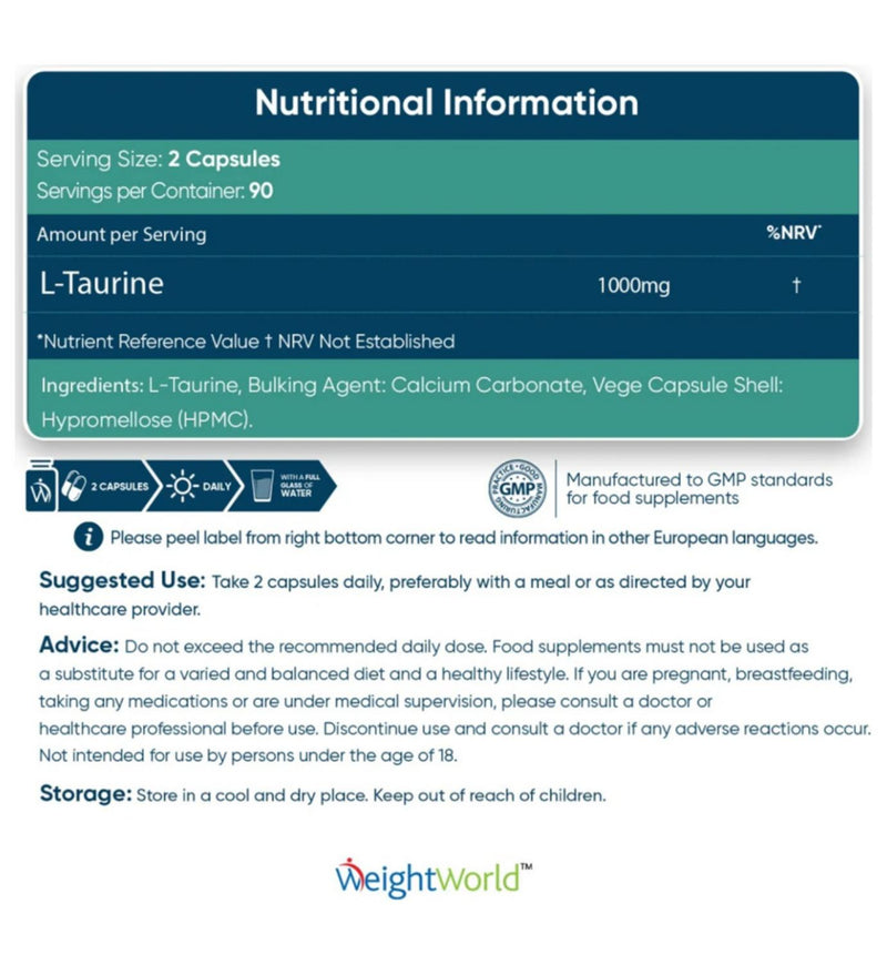 WeightWorld L-Taurine supplement 1000mg 180 capsules, UK version